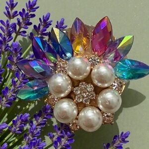 Colorful Crystal and Pearl Brooch